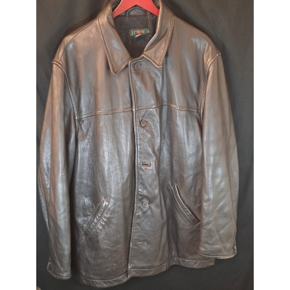 J Crew Vintage Mens Brown Leather Button Front Lined Jacket Size L